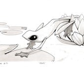 Original 2012 Word.A.Day.Illustration: "volant," frog and lilies, lilly pad
