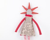 ooak gray hip rag doll  - funky handmade doll With cool red  Geometric spikes Haircut ,Newspaper dress and peach stockings - timo doll - TIMOHANDMADE