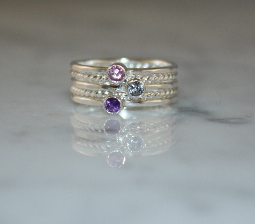 Birthstone Stacking Rings 3 Sterling Silver twisted Skinny Rings with Gemstones, 2 plain skinny rings, Custom made