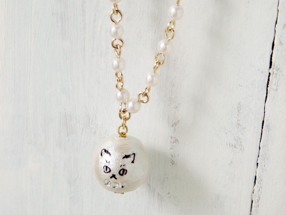 catty candy cotton pearl necklace - Coco (cat faced pearl) - Japanese cotton pearl