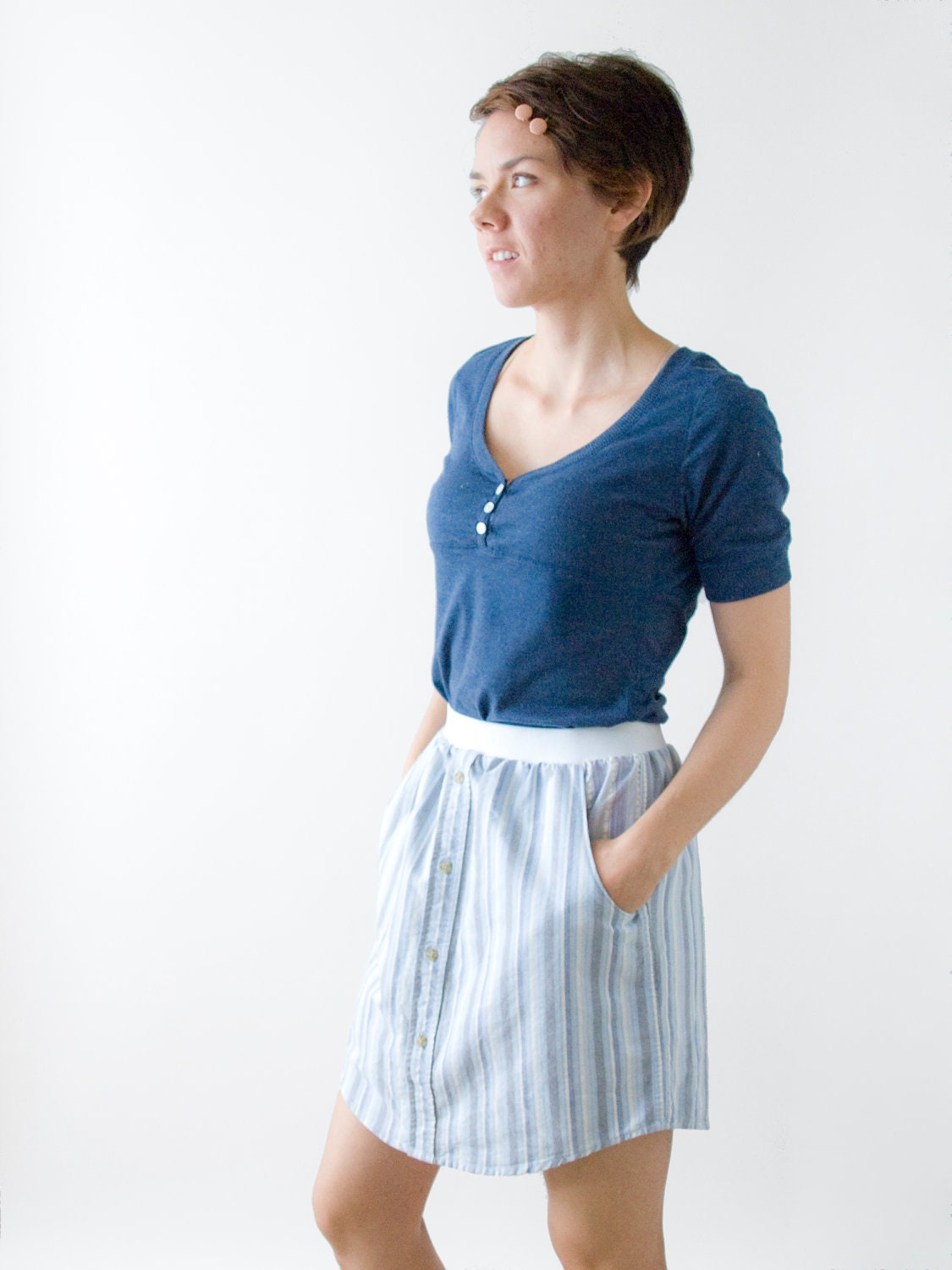Skirt with elastic waistband, small, denim blue stripe print - OOAK - made from upcycled men's dress shirt