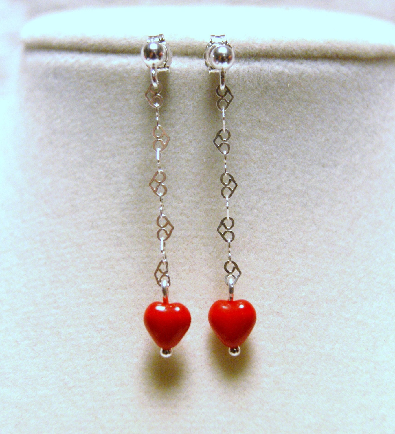 Red Preciosa Czech Glass Hearts with Sterling Silver Heart Link Chain Dangle Stud Earrings--"Little Loves"