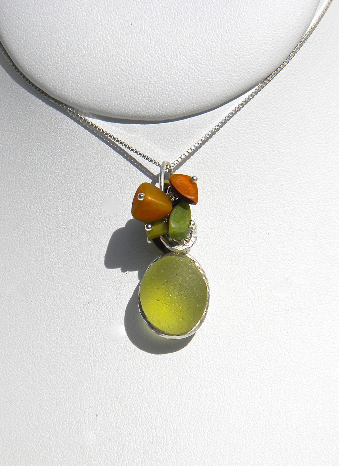 Sea Glass Necklace Lime Green with Natural Nut Seeds