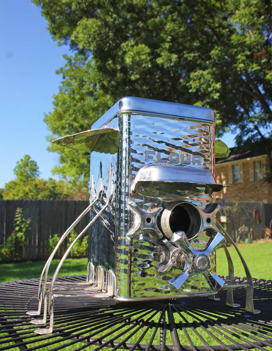 Birdhouse Bird house Repurposed Upcycled Custom Chrome Flour Canister Pod Storage Found Objects Metal Recycled OOAK
