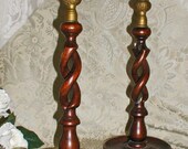 Antique OPEN Barley Twist Candlesticks In English Oak With Brass Thistle Bobeches