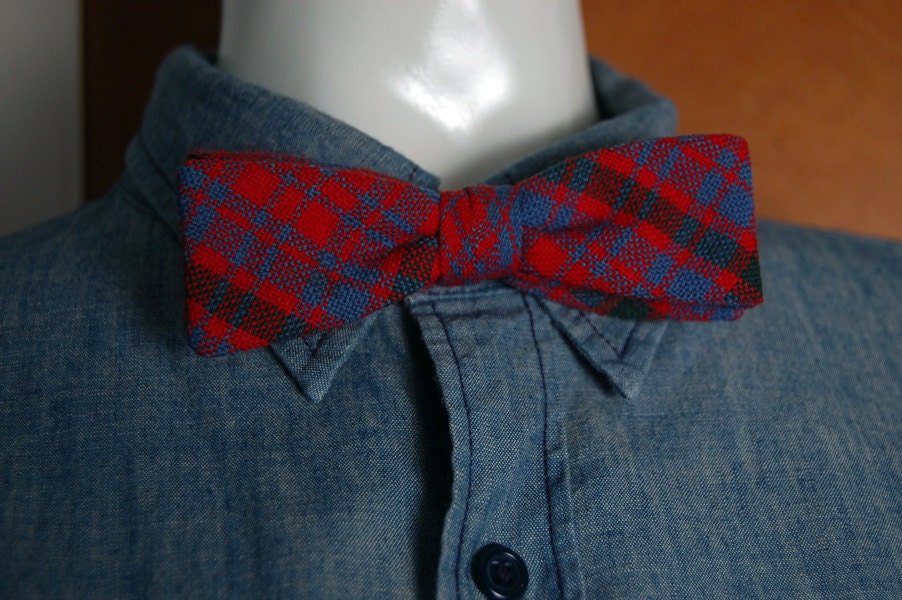 Red, Blue and Green Wool Plaid Clip On Bow Tie
