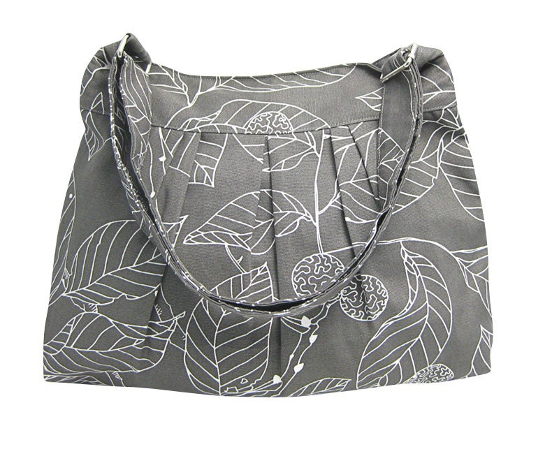 Gray cotton fabric shoulder bag / messenger bag / diaper bag / cross body bag - leaves printed