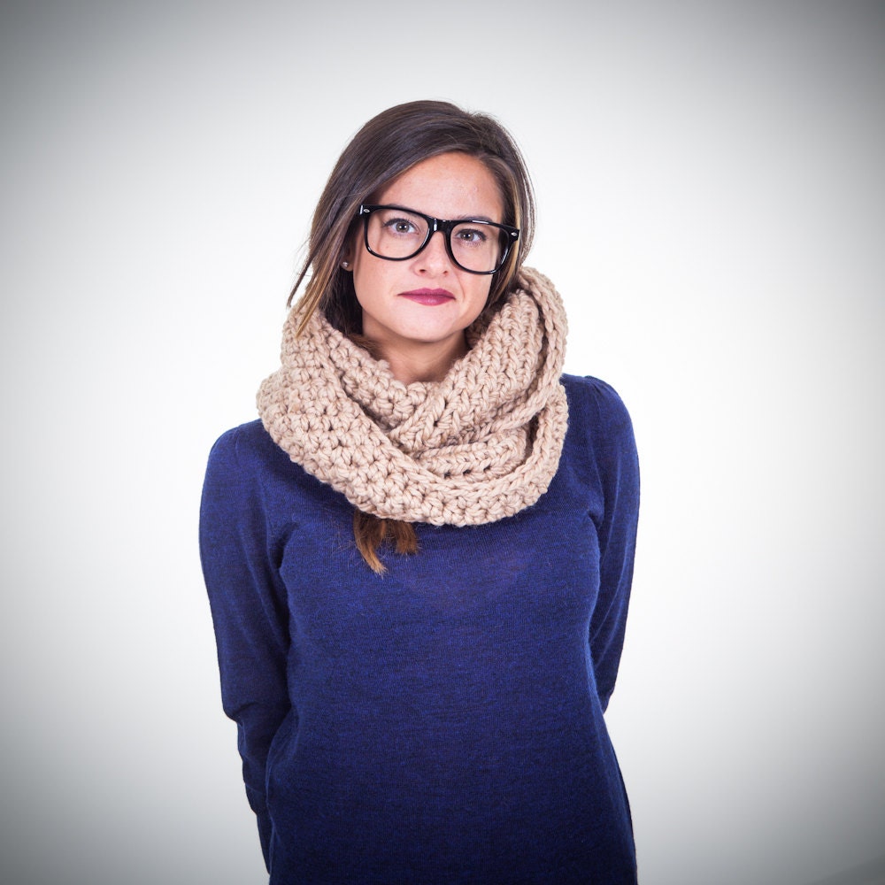 Thick Crocheted Beige Circle Scarf