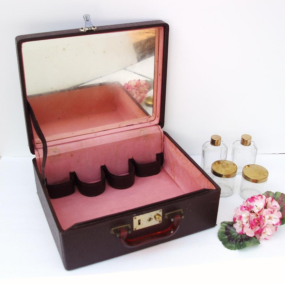 Vintage Train Case Travel Cosmetic Case Makeup Suitcase Clear Glass Bottles  Pink  Brown