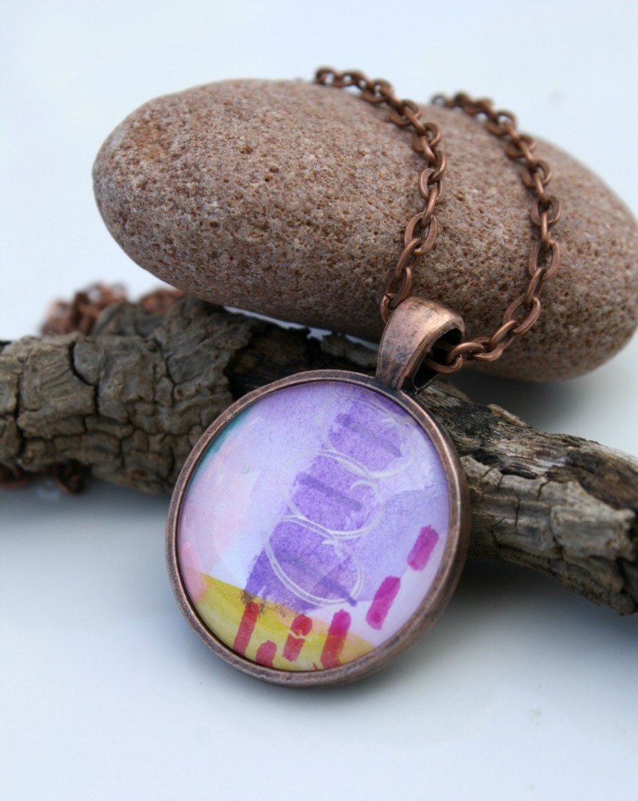 One of a Kind Wearable Art Necklace - Set in 25mm Antique Copper Pendant - Art Necklace - 24 Inch