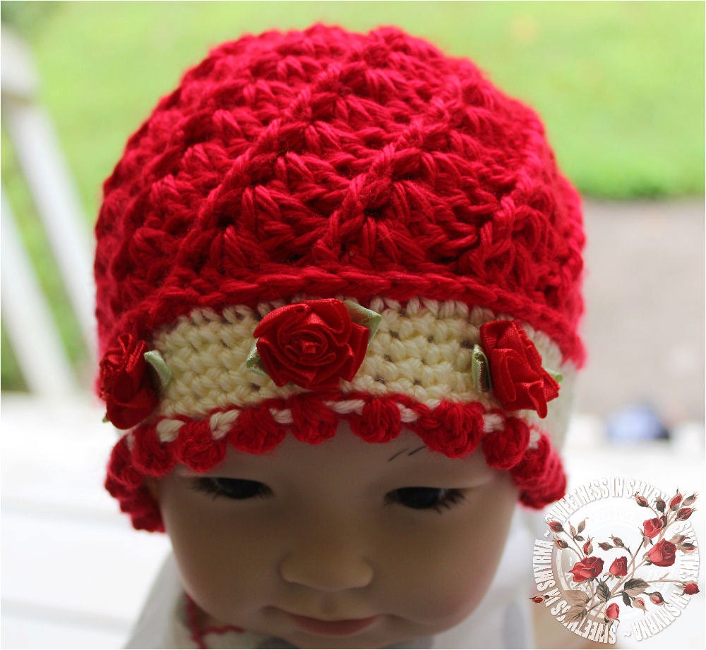 Bright Red Baby Hat, Crochet Baby Hat, Roses, Baby Beanie, Baby Girl, 3 to 6 months, Photo Prop, READY TO SHIP