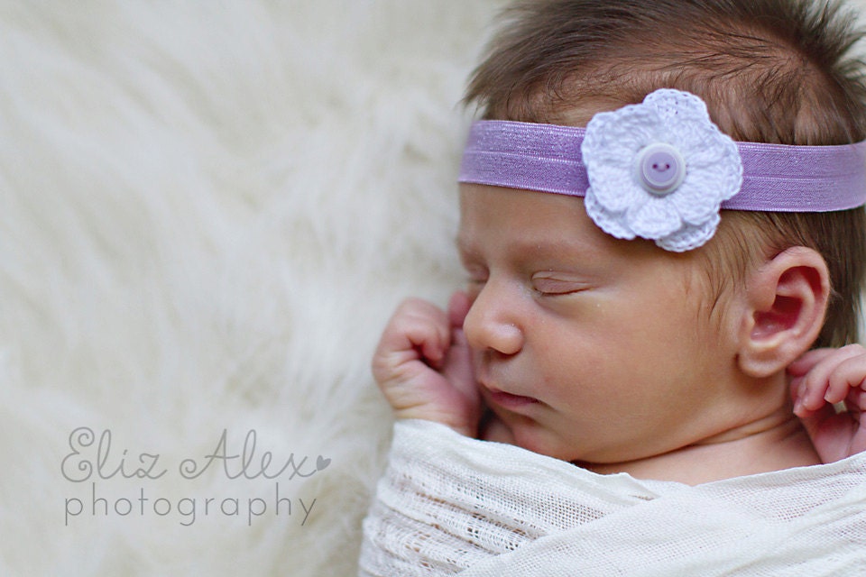 Lavender Headband, White Flower with White and Lavender Stacked Button Center, Newborn to 3 Month Size (Item 624)