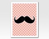 Art Print Moustache Poster A4 Print Pink Plum Polka Dots Home Décor Original Design by Adidit Print no. 186