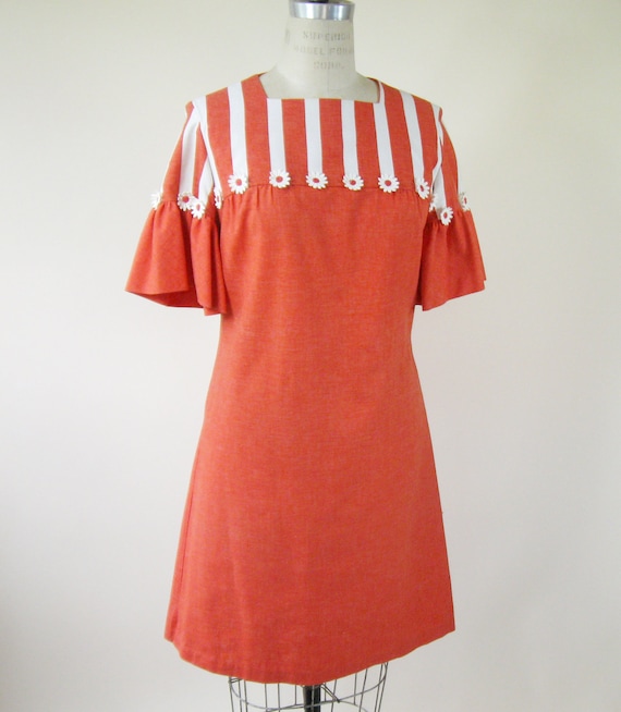 60s Mod Shift Dress Daisy Floral Appliqués Stripes Womens Size Medium