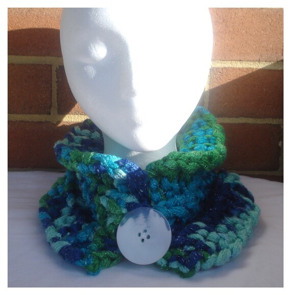 Blue/Green/Aqua/Teal Chunky Knit Neck Warmer  or Cowl with Button