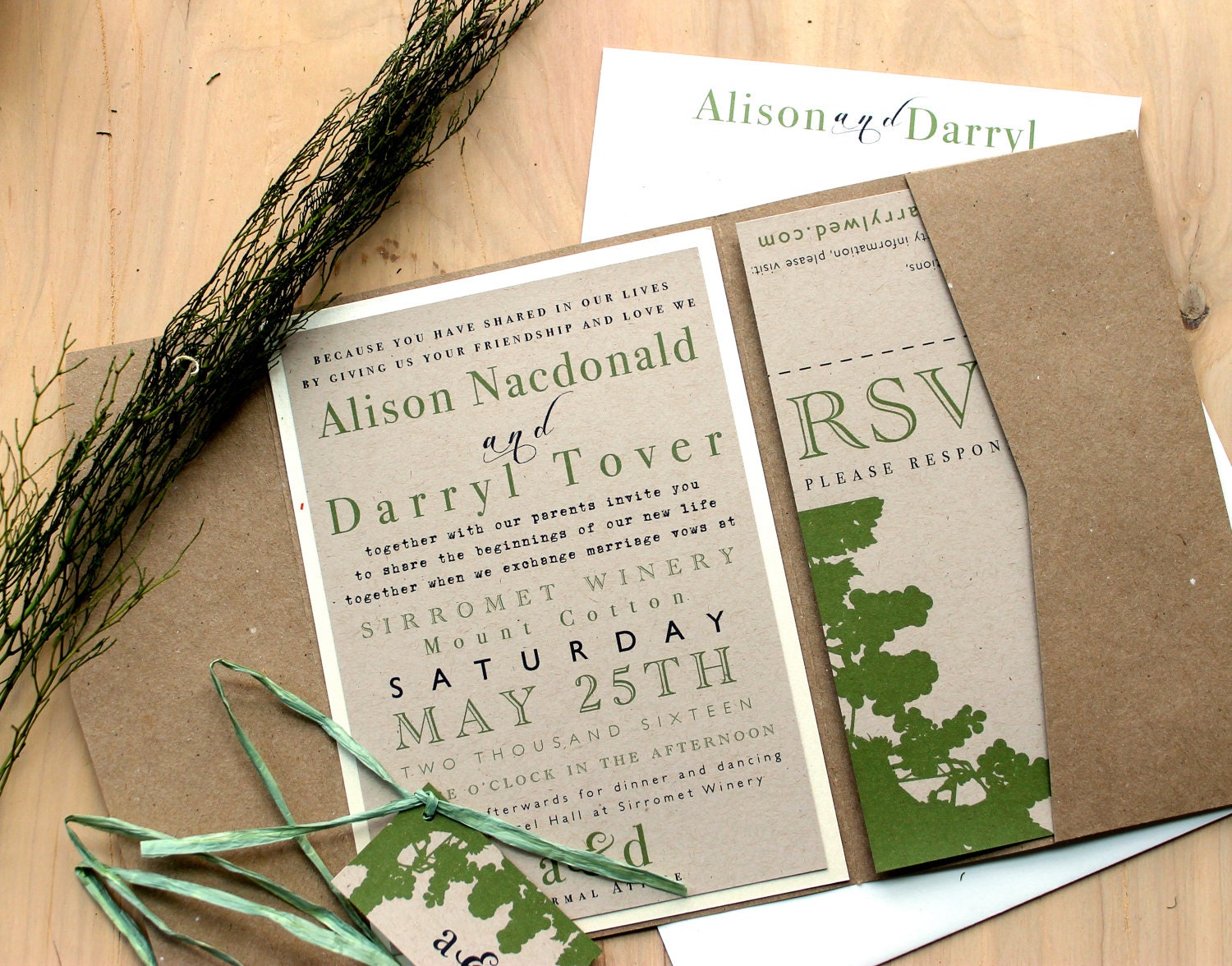 Rustic Chic Winery - Recycled Pocket Fold Wedding Invitations, Winery Wedding, Green - Purchase for a Sample