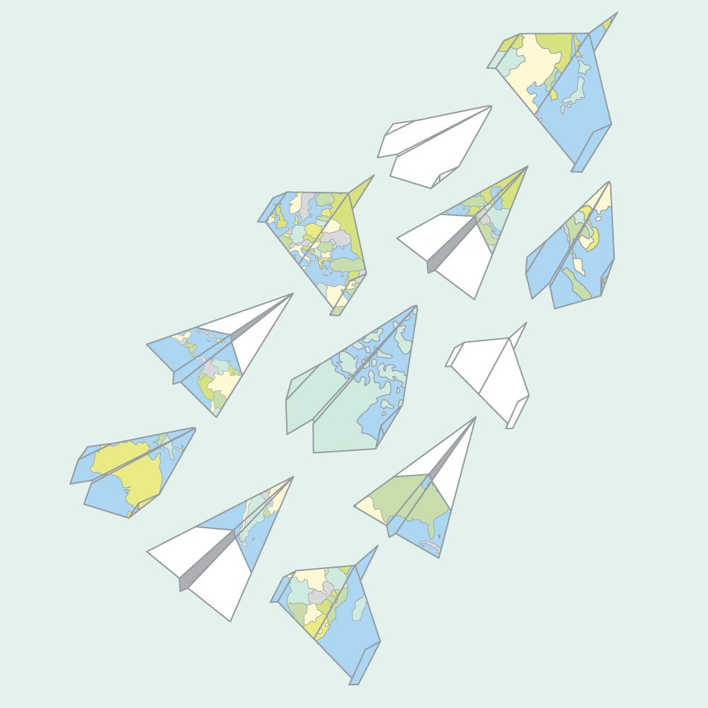 Aerodynamic World - Origami, Paper Planes, Atlas, Map Art Print, 8" x 10" (20cm x 25cm) on Aqua