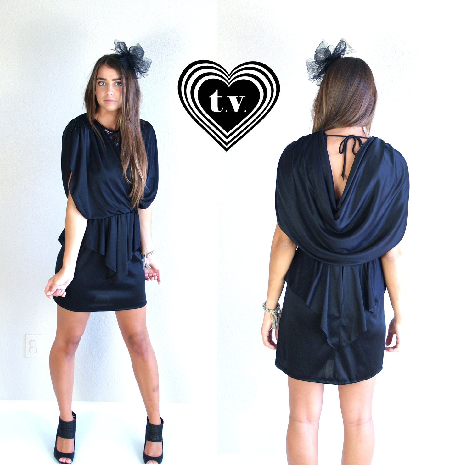 vtg 80s black GRECIAN draped Open Back MINI DRESS sheer silver lace peplum party