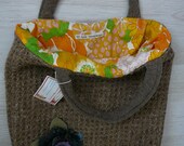 Upcycled vintage tweed bag, retro 1970s lining and recycled wool corsage