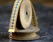 Genuine Antique Gold Passementerie Trim Ribbon Bracelet with light blue silk accent