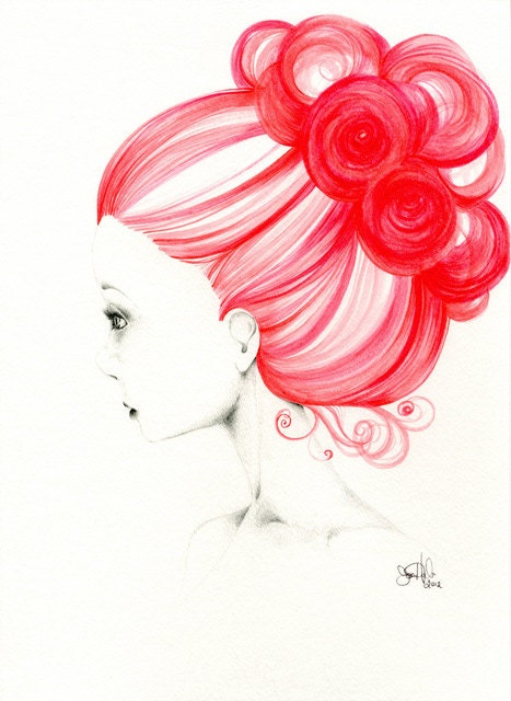 Art Painting Watercolor Original OOAK Watercolor Painting Pencil Drawing "Grace" red teamt