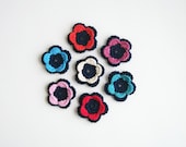 Flower Applique, Crochet Two Layered Flowers, Dimensional Embellishment, Navy Blue Rainbow, Multi Colored, Set of 7