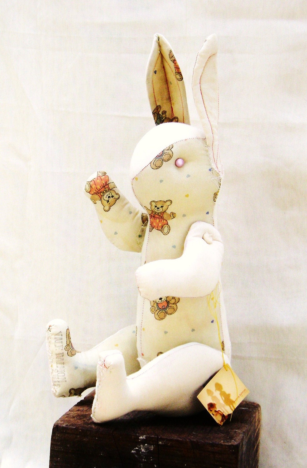 Rabbit "YAMA", sculpture, art doll, original piece, handmade, recycled textiles, 60 cm. movable arms legs and clothing that can be removed.