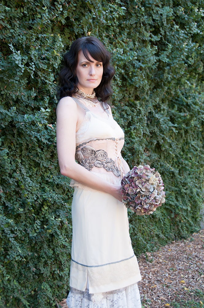Corseted Antique Beaded Trim Ribbonwork Bridesmaid Slipdress