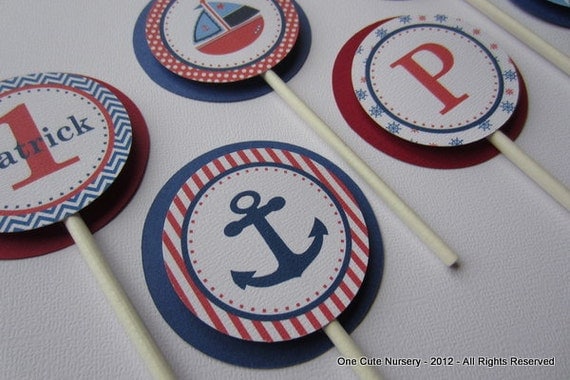 Nautical Themed Birthday Party - Cupcake Toppers - Red, White and Blue - Navy - Baby Showers Il_570xn