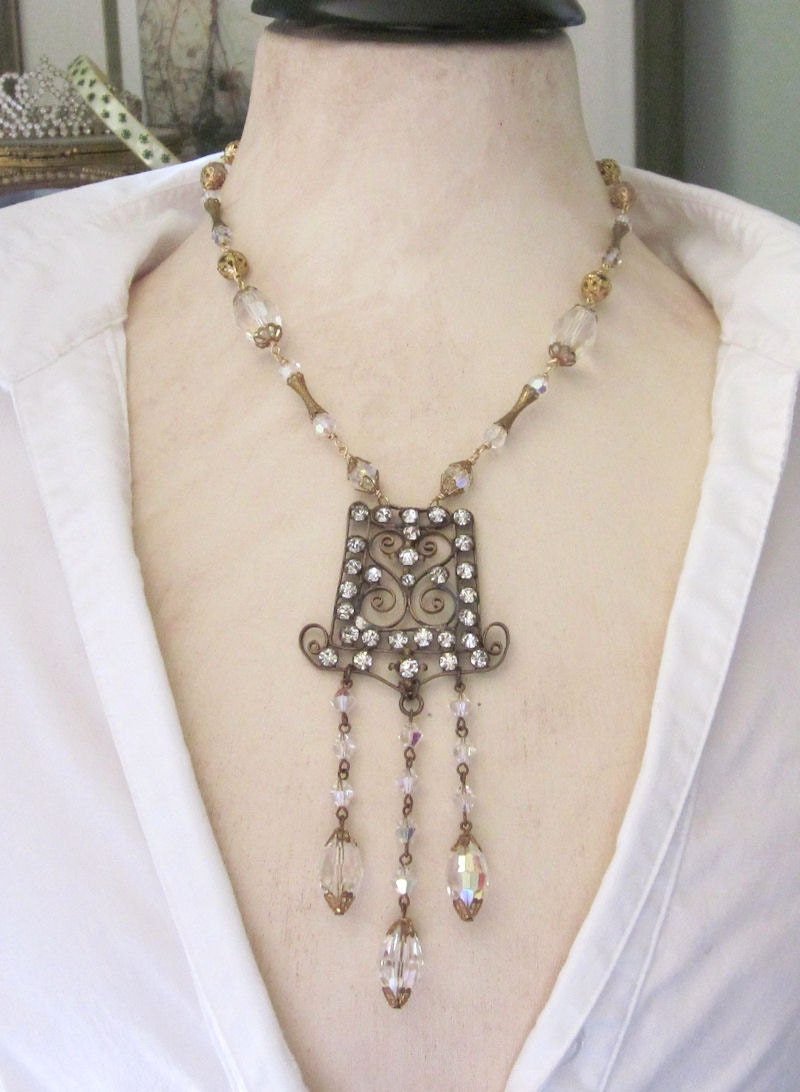 Repurposed Statement Rhinestone Necklace, Antique Buckle Necklace, Crystal Beads, Upcycled Handmade OOAK Jewelry - JryenDesigns