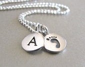 Silver Initial & Baby Foot Print Charm Necklace - Personalized