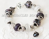 Black White Purple Braided Leather Charm Bracelet European Style Silver Crystal Murano Galss Beads Love Heart Birthday Gift