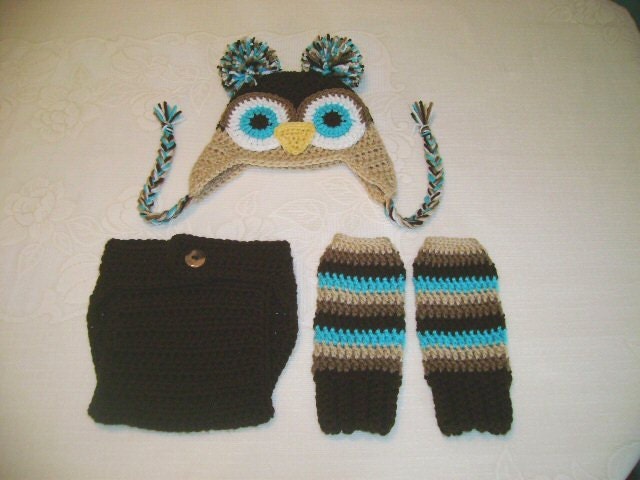 Shades of Brown Owl Hat, Diaper Cover and Leg Warmers - Photo Prop Set - Available in Newborn to 12 Months