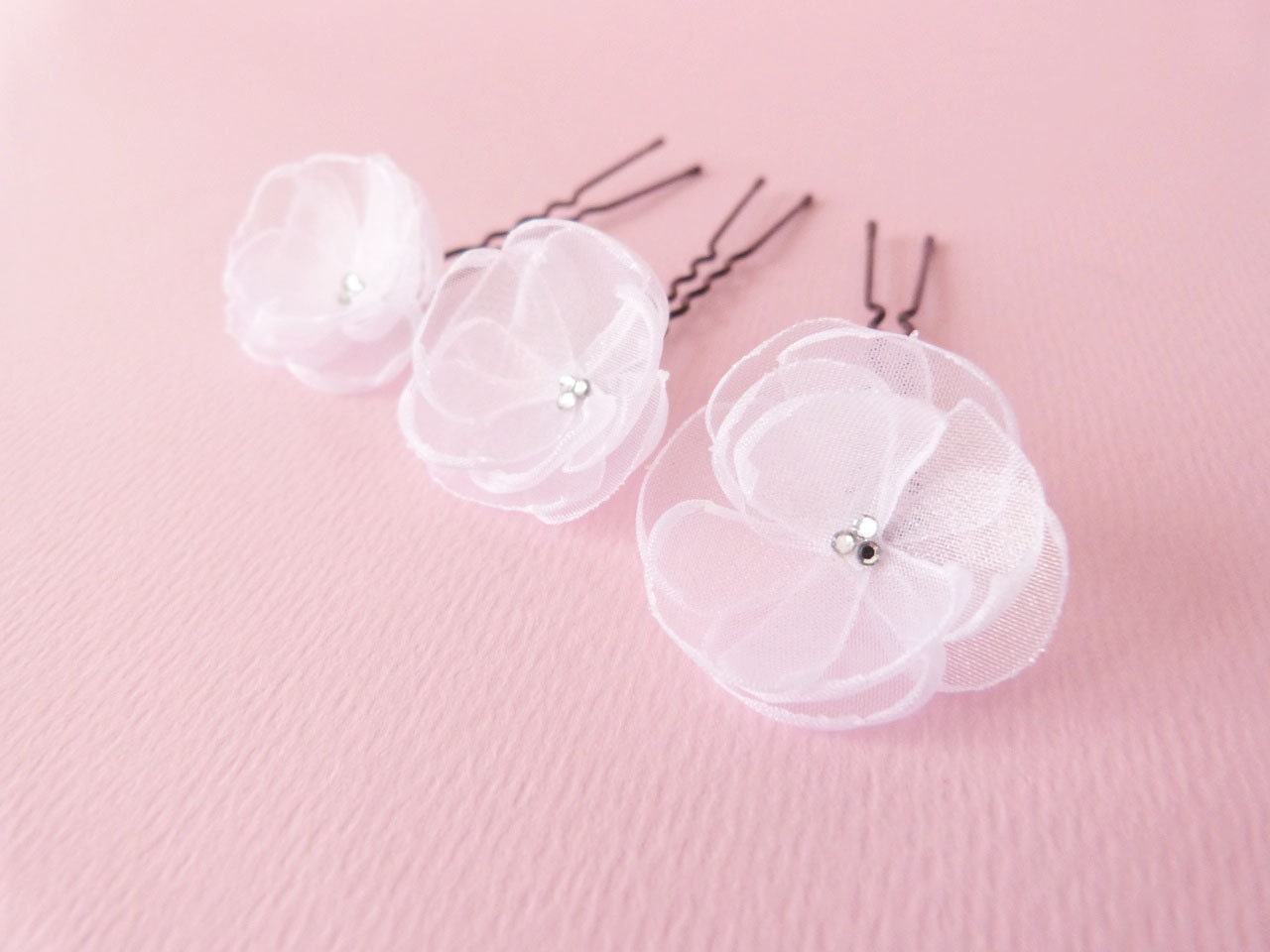 White organza flower hair sticks with Swarovski rhinestones Wedding accessories OOAK by Jye, Hand-made in France