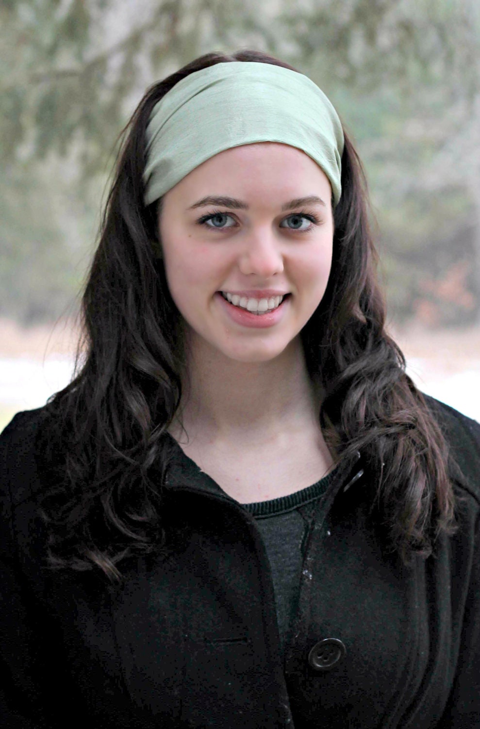 Wide Light Green Crinkle Silk Head Wrap, Silky Headband, Hairband, Soft Green Turban