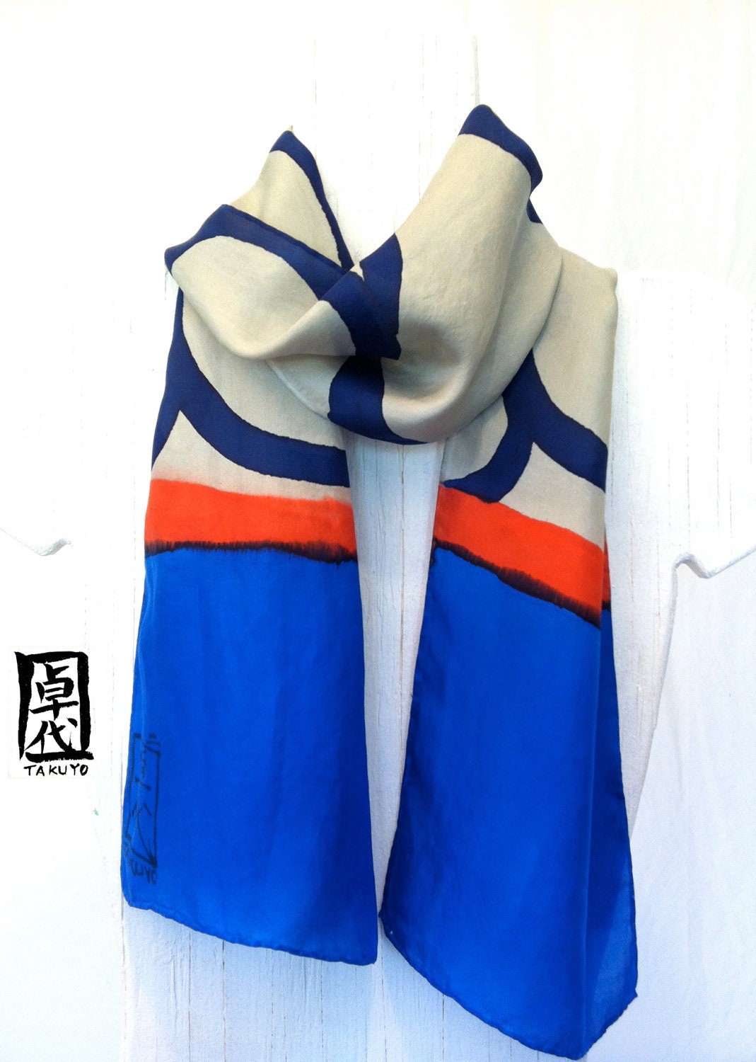 Hand Painted Silk Scarf, Swirly Vine Japanese Scarf, Karakusa Blue Silk Scarf. Made in USA. Silk Dye. 7.5x52 in. Made to order.