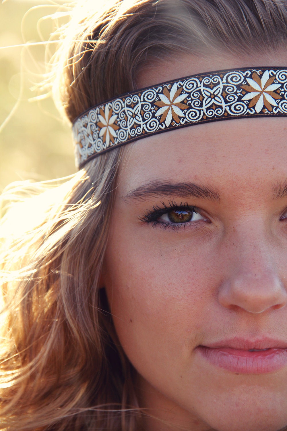 The Pinwheel Boho, Bohemian Headband, Indie, elastic closure, Ornate patterned detail