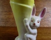 Vintage Mid Century White Bunny Rabbit Hanging Onto Yellow Vase Planter Japan Ceramic