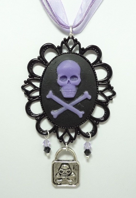 Pirate Cameo Necklace with Czech Crystals, Skeleton and Key Charms - On A Triple Purple Ribbon