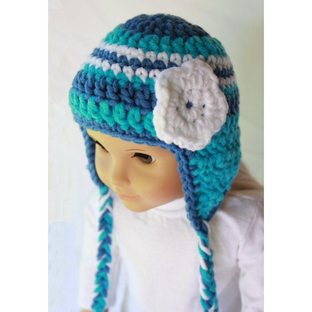 18" Doll Clothes - Earflap Hat - Blue, Torquoise and White Striped Beanie for American Girl
