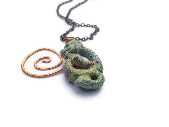 Dragon Charm Necklace Womens Green Blue Ceramic Pendant  Beach Jewellery