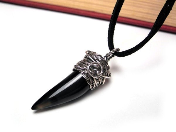Black Agate Pendant - Vampire Fang - Silver Wire Wrapped Necklace - Dangle Tribal - Braided Celtic Woodland - Gothic Victorian Jewelry - NurrgulaJewellery