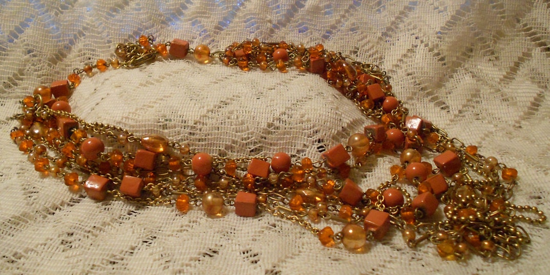 Vintage Multi Stranded Brown Bead and Chain Necklace
