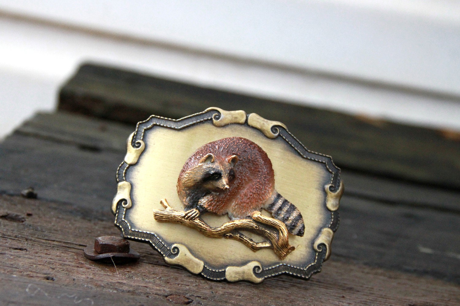 Vintage 1977 Raintree Buckle & Jewlery Raccoon Belt Buckle