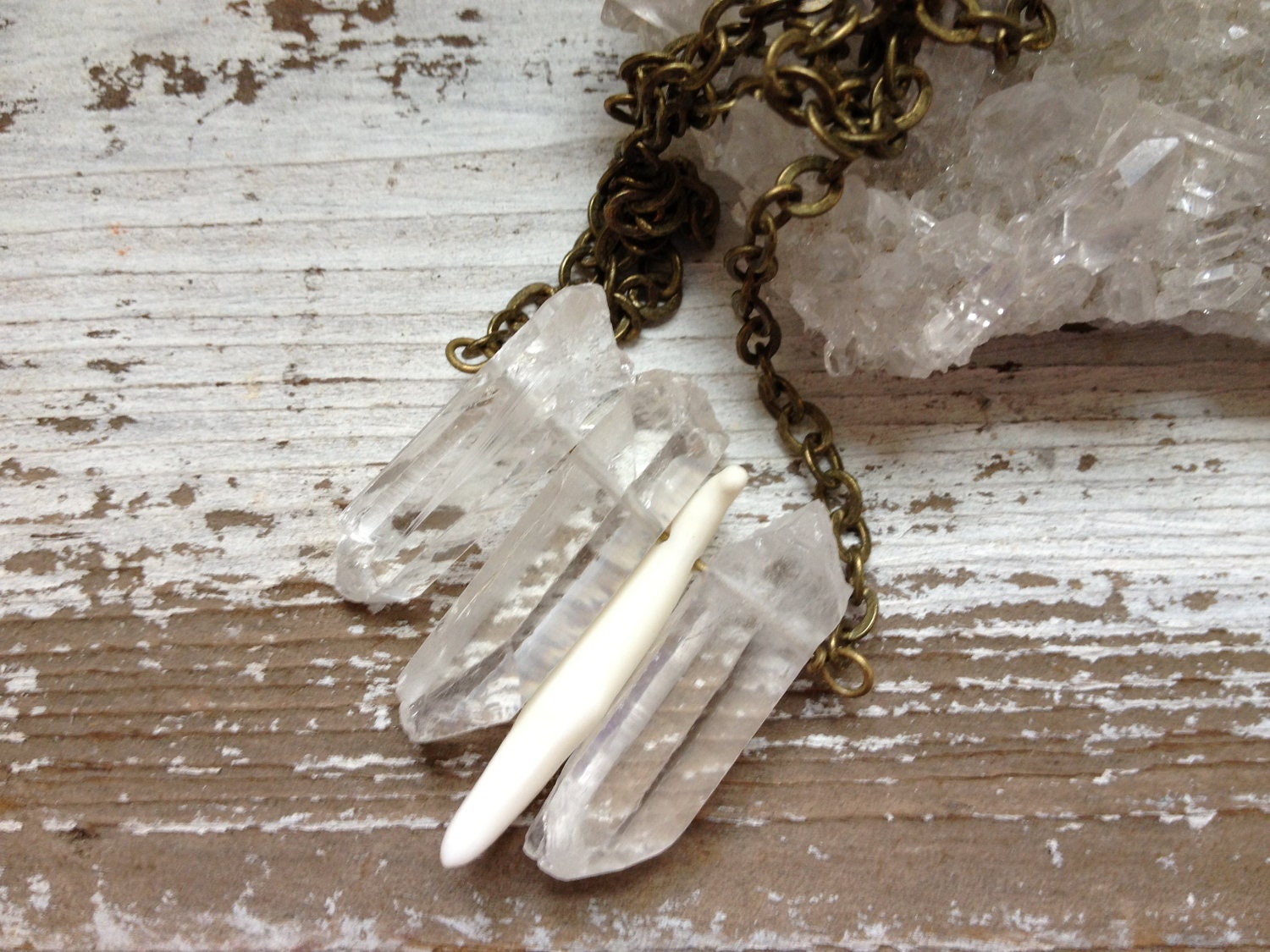 HOWL / Raw Crystal Layering Necklace - Rough Clear Quartz Point & Wolf Tooth Chevron Spear Shield Brass - Native, Tribal, Nature Inspired