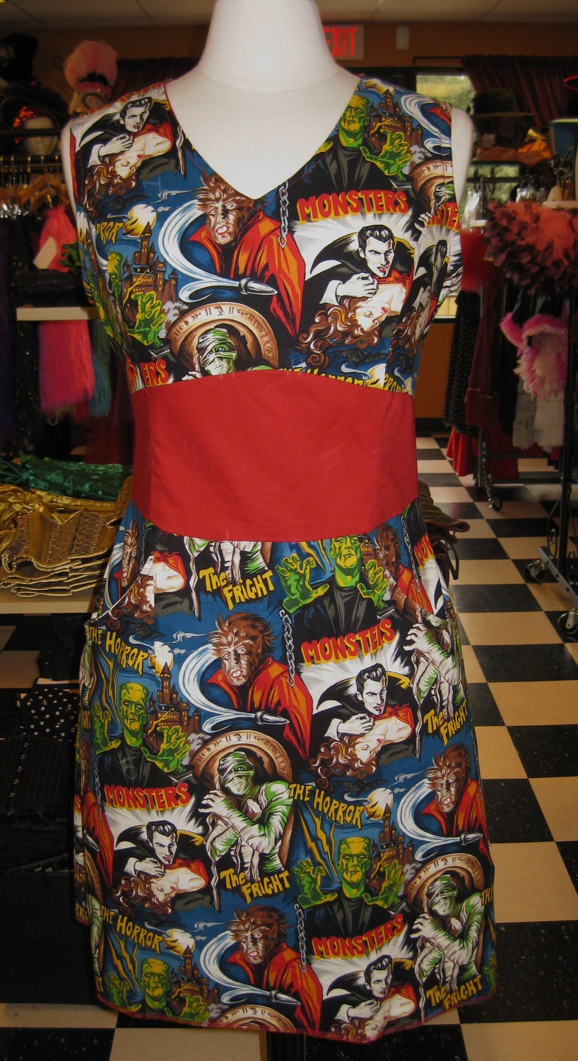Monster Dress- Fitted, Sleeveless Horror B- Movie Monster Print Dress with Pockets Costume