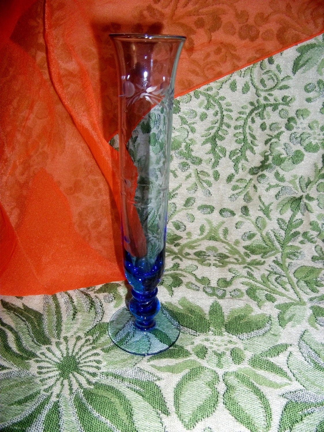 Vintage Glass Vase Cobalt Blue w/ Etched Design and Pedestal Base Only 5 USD