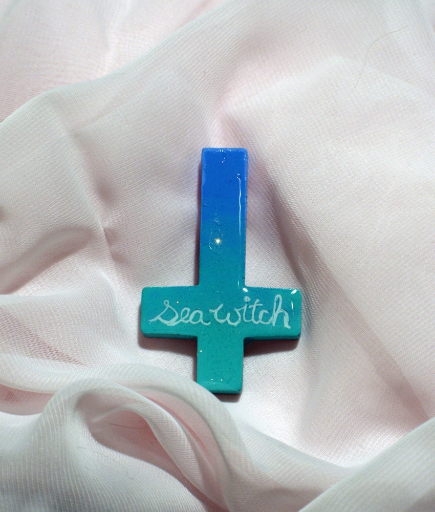 Sea Witch, hand painted inverted cross pin.