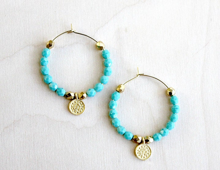 Back in time Hoops Earrings. Turquoise Gold. Fashion. Gift for her, Coin Jewelry. Bohemian, Romantic Hoops