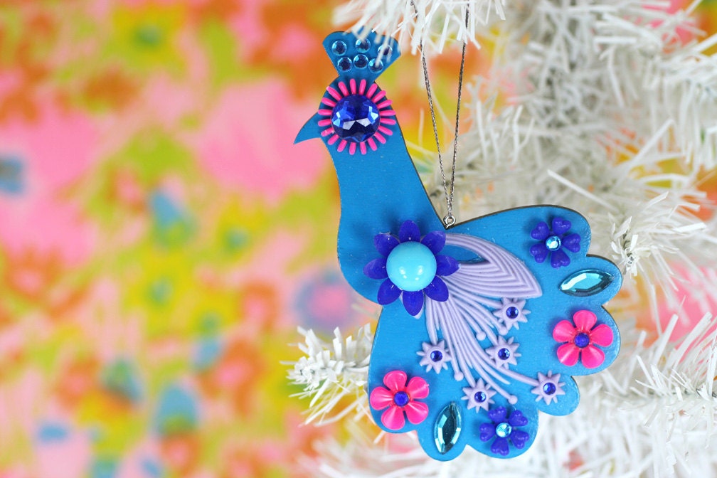 Peacock Christmas Ornament Blue Wood